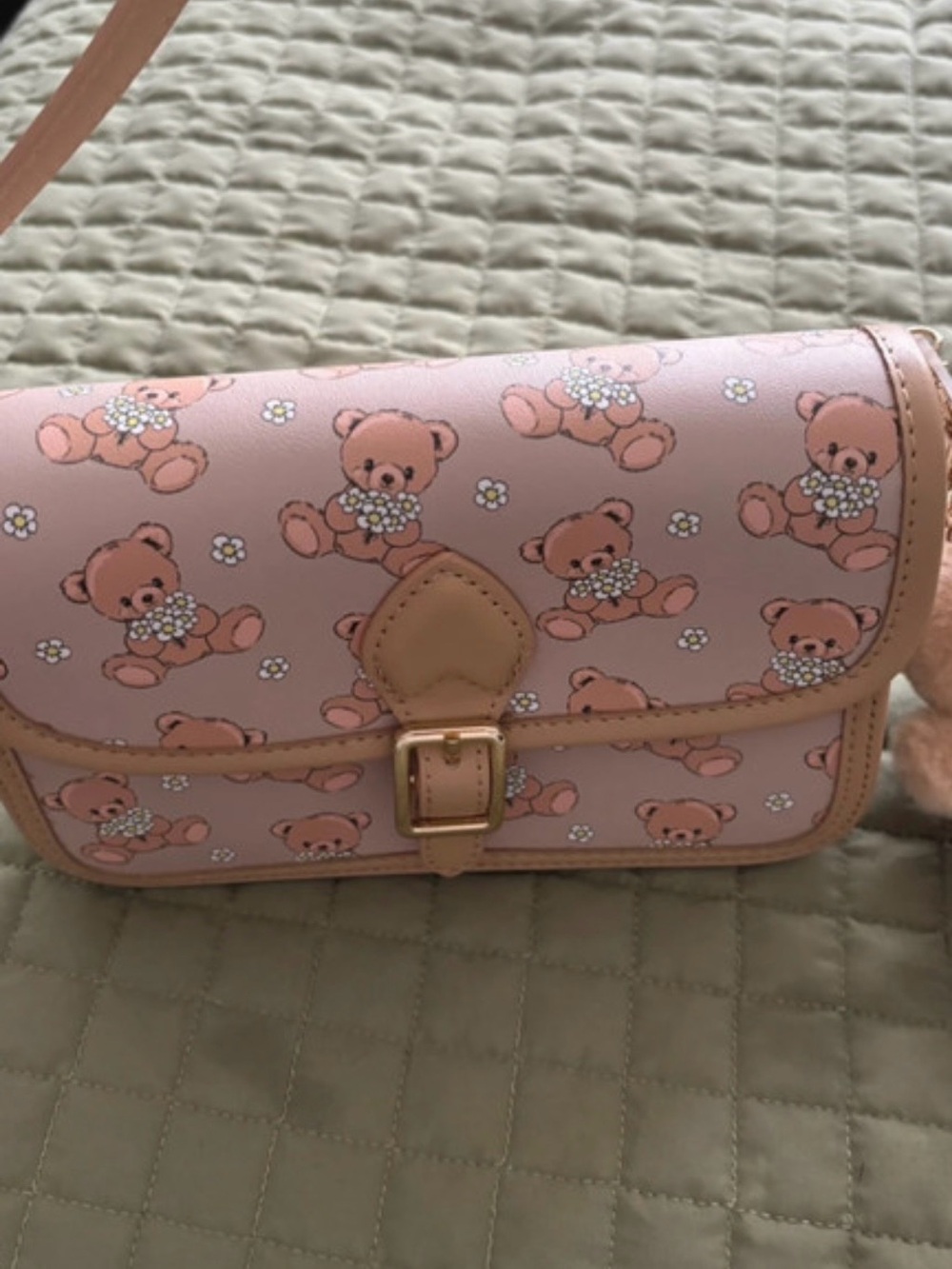 Kids Pink Teddy Print Crossbody Bag with Buckle Detail